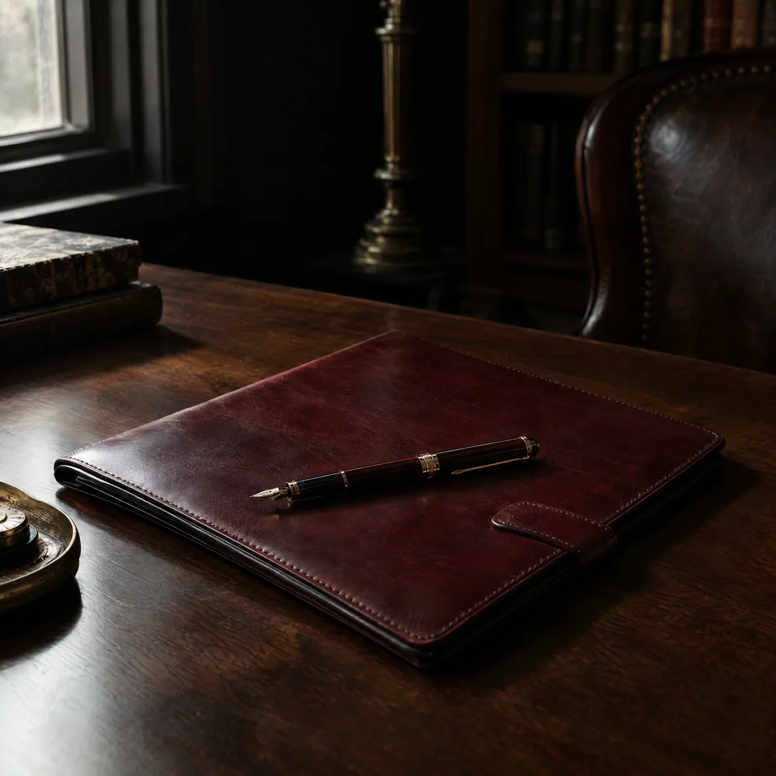 A closed oxblood folder with a fountain pen on a walnut desk