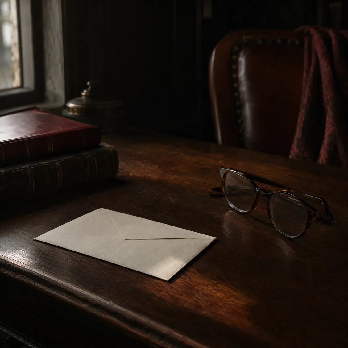 A sealed envelope on a desk beside reading glasses