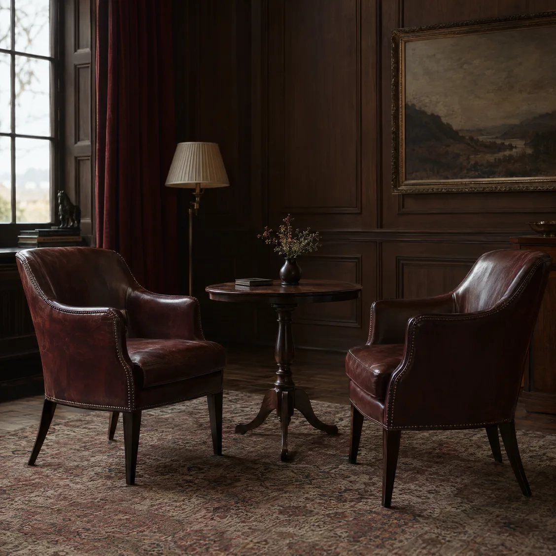 Two empty chairs facing each other across a small table in a quiet room