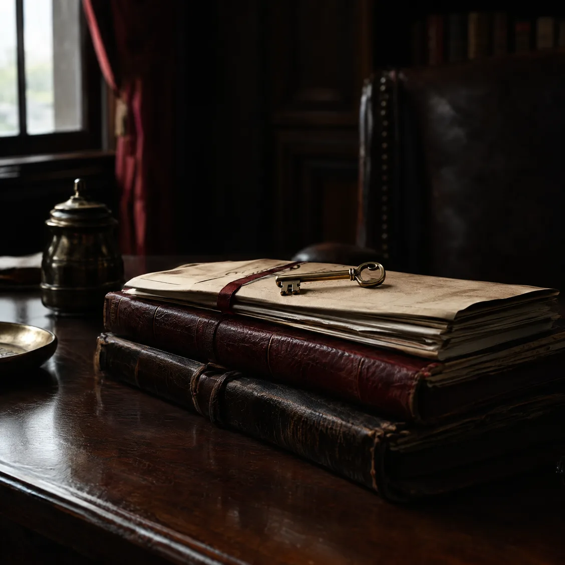 A brass key on a stack of bound documents