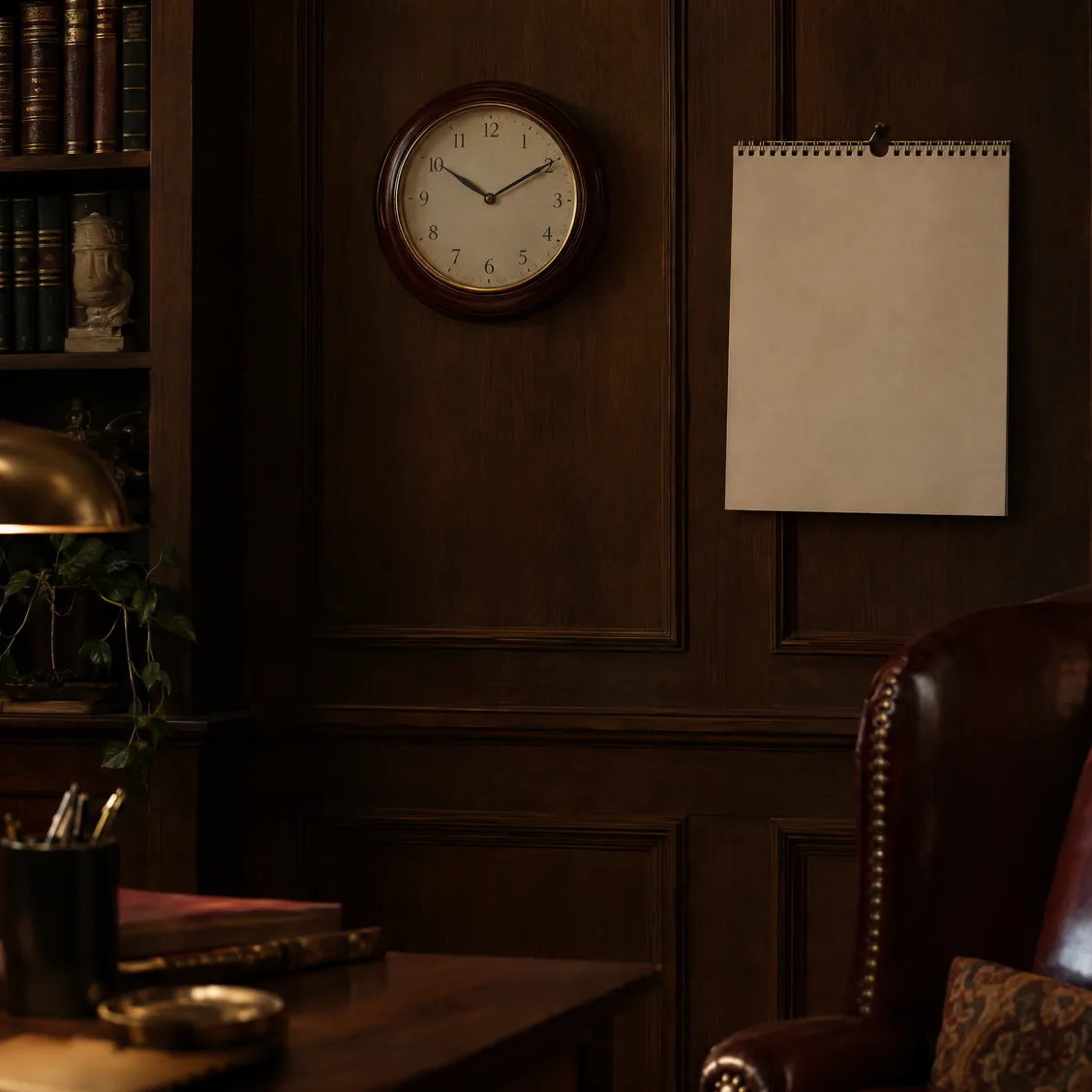 A wall clock and a calendar page on a dark study wall