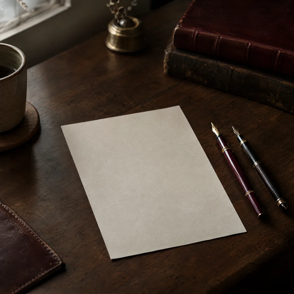 A signed blank page with two pens laid down, soft light