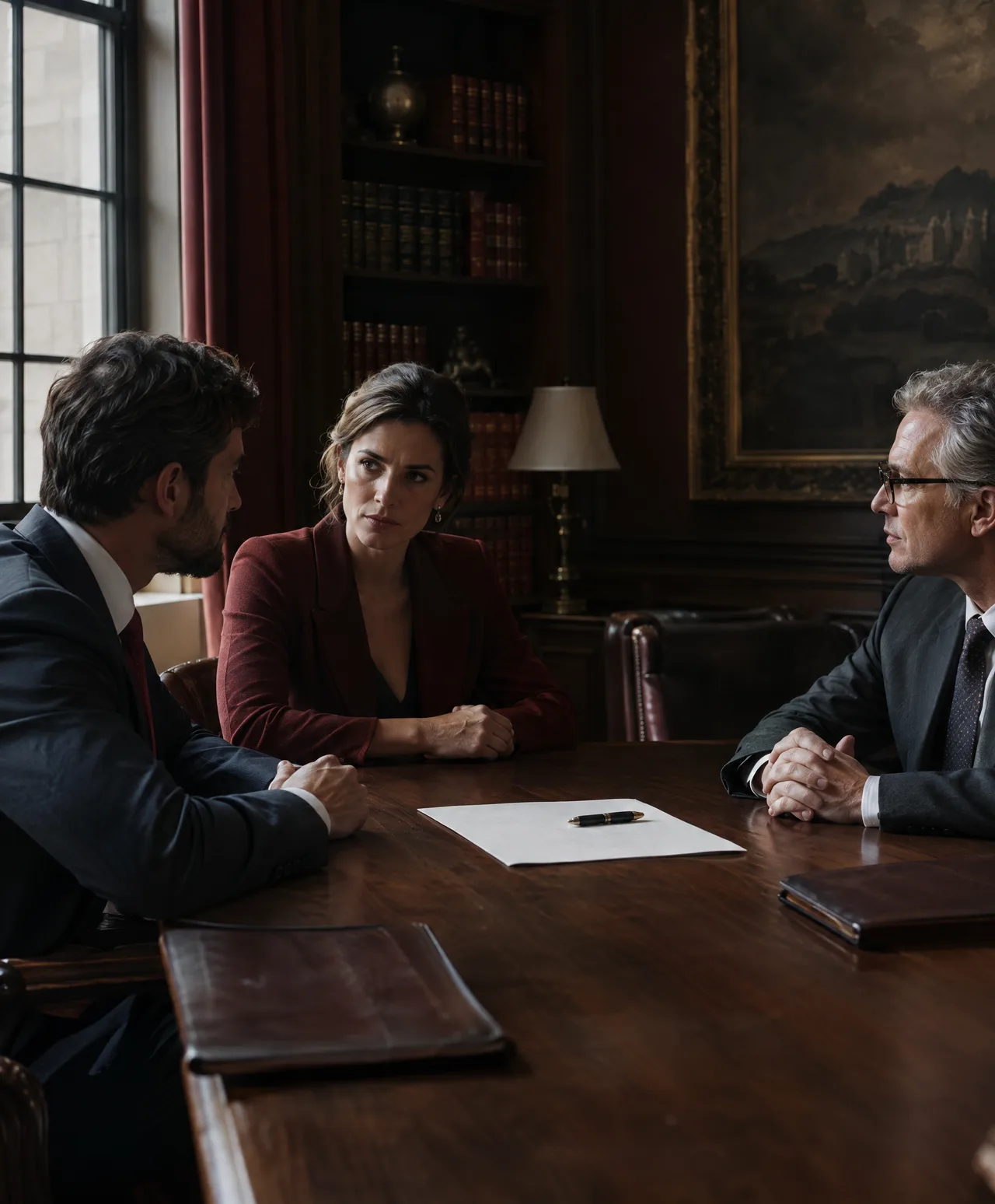 Two business partners across a table with a lawyer, a contract between them