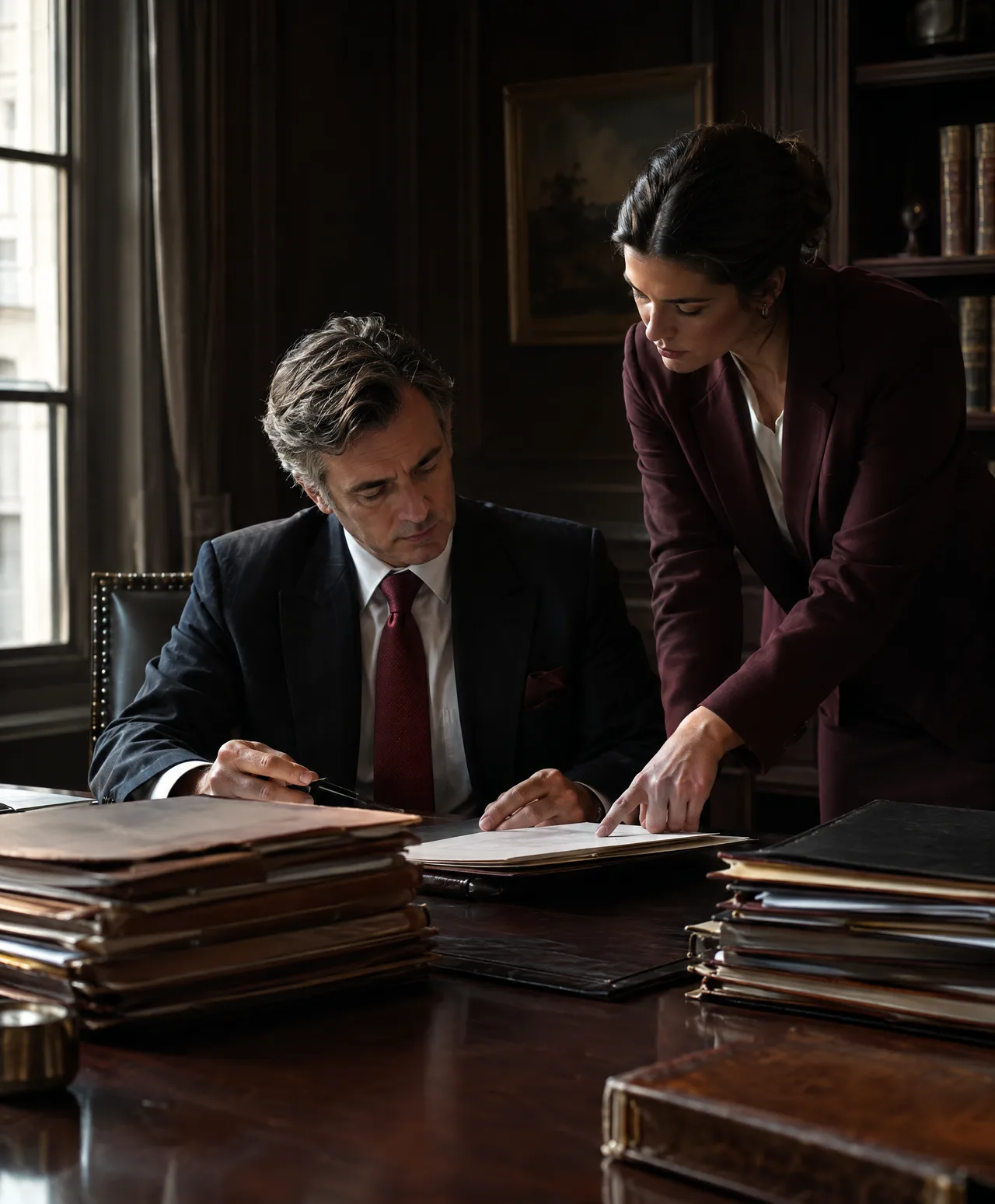 A partner at a desk with case files, another pointing at a page