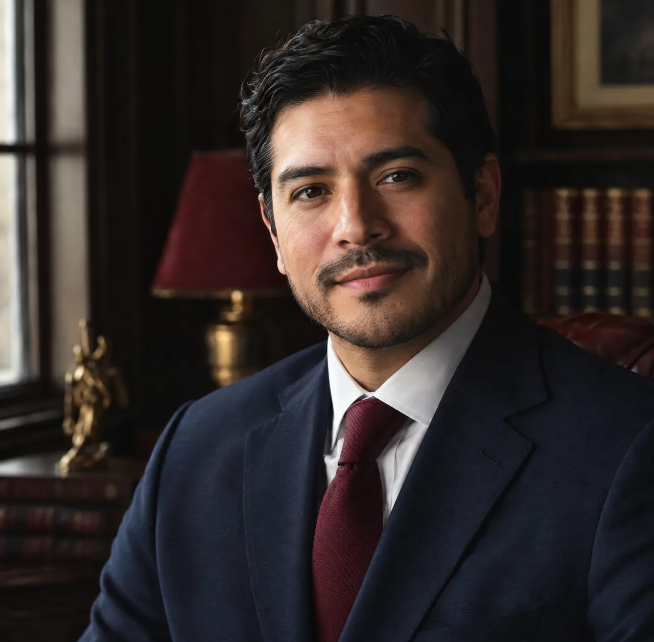 Tomás Reyes, Associate: Hispanic man in his thirties, navy suit, dark study