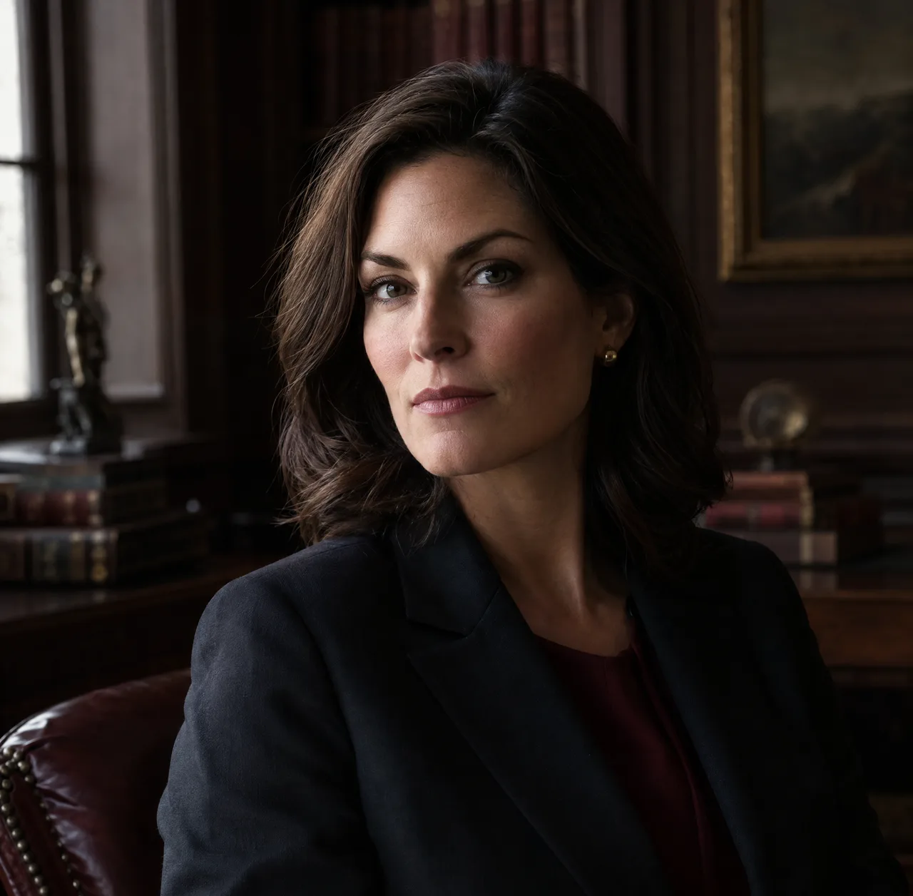 Claire Sutton, Partner: woman in her forties, dark blazer, dark study