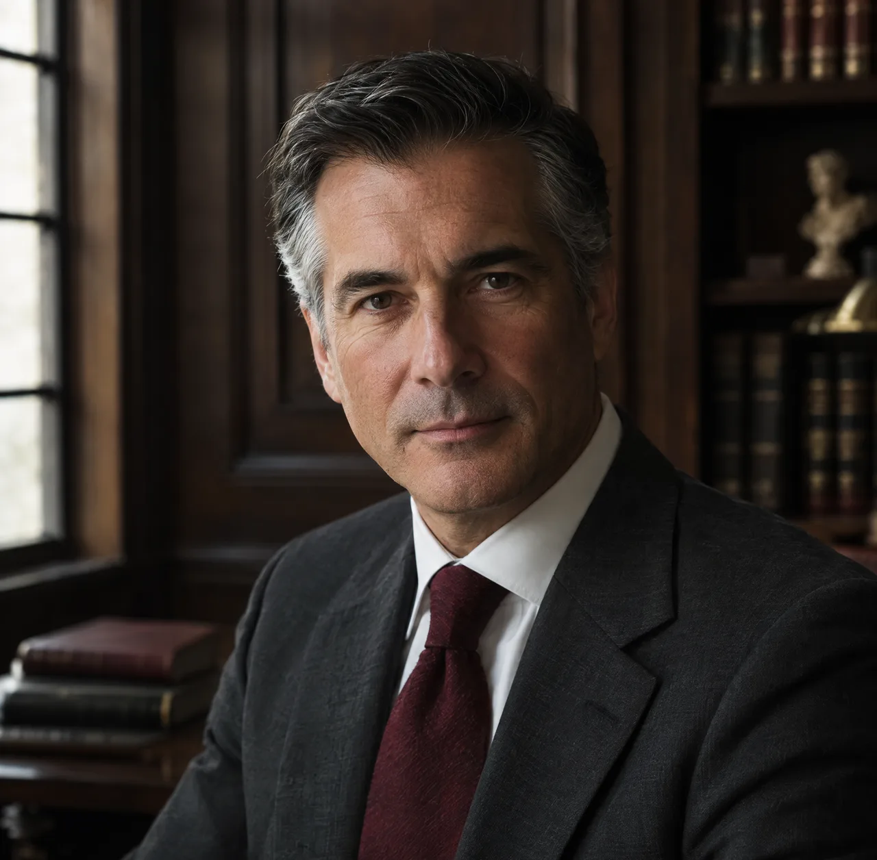 Edward Marlowe, Partner: man in his fifties, grey at the temples, charcoal suit, dark study