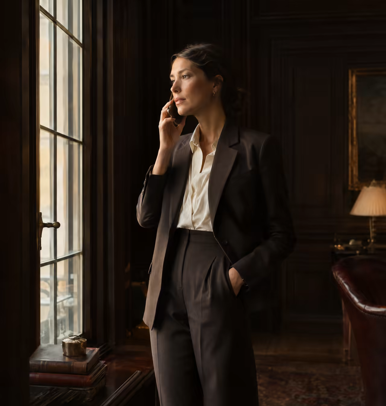 A partner on the phone by a tall window, dark room, warm light
