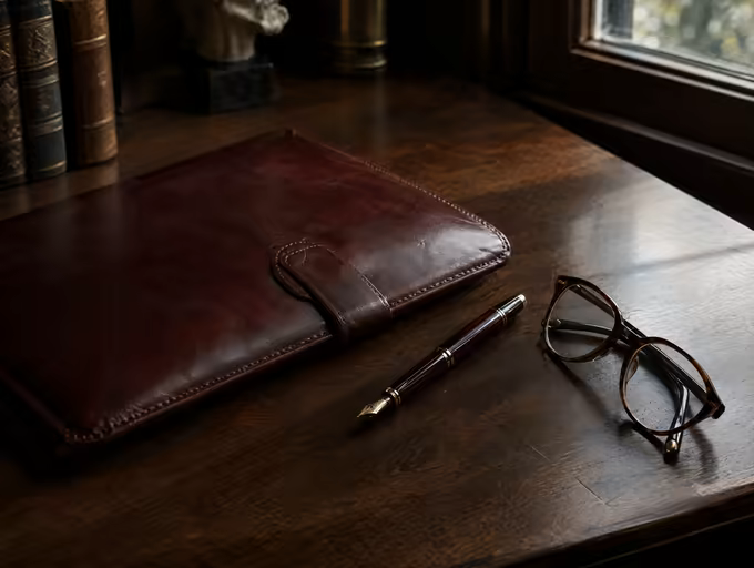 Still life: leather folio, fountain pen and reading glasses on a walnut desk