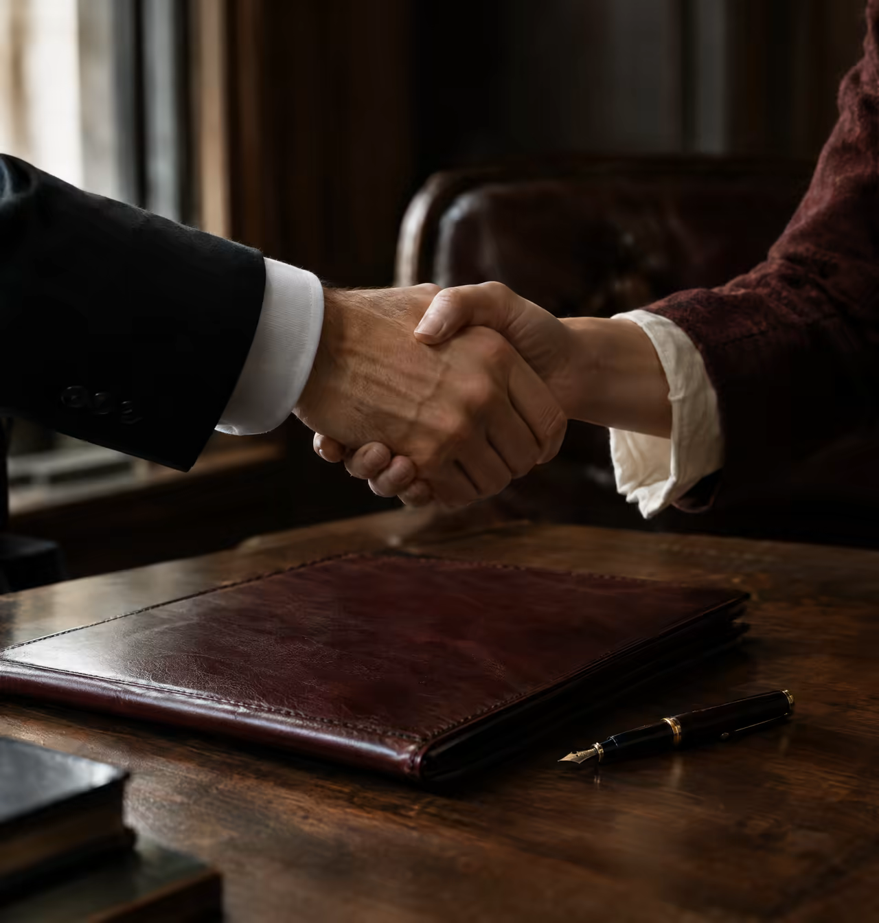 A firm handshake over a closed oxblood folder and a fountain pen