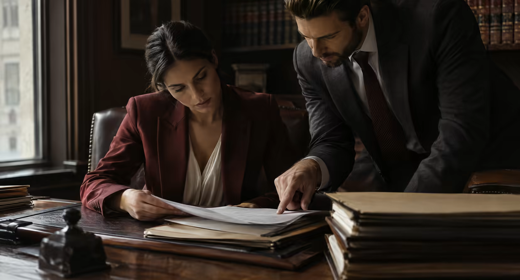 A lawyer at a desk with case files while a colleague points at a page, focused