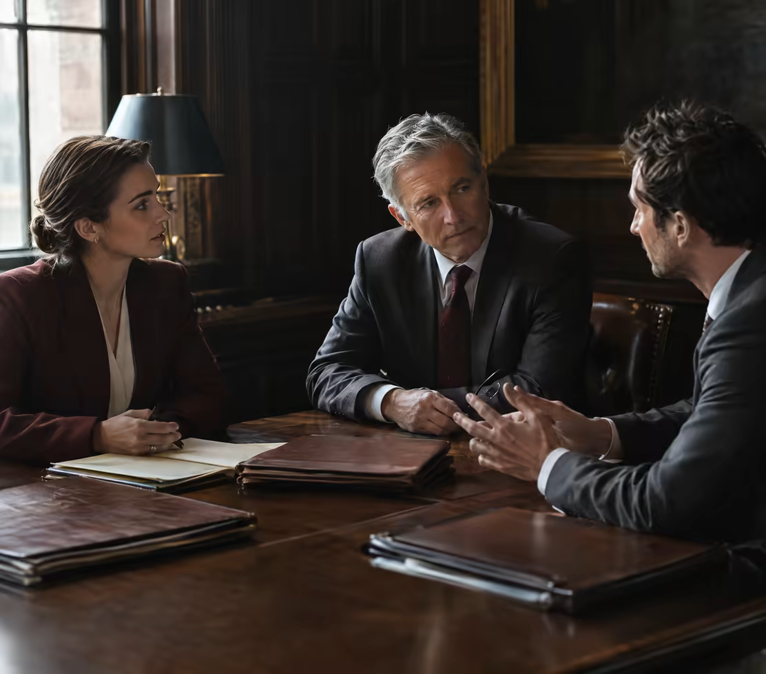 Three lawyers in conversation around a walnut table with case files, side-lit