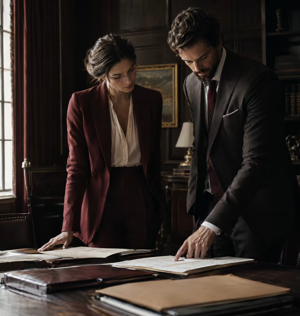 Step 2 Strategy: two partners standing over spread case files, one pointing