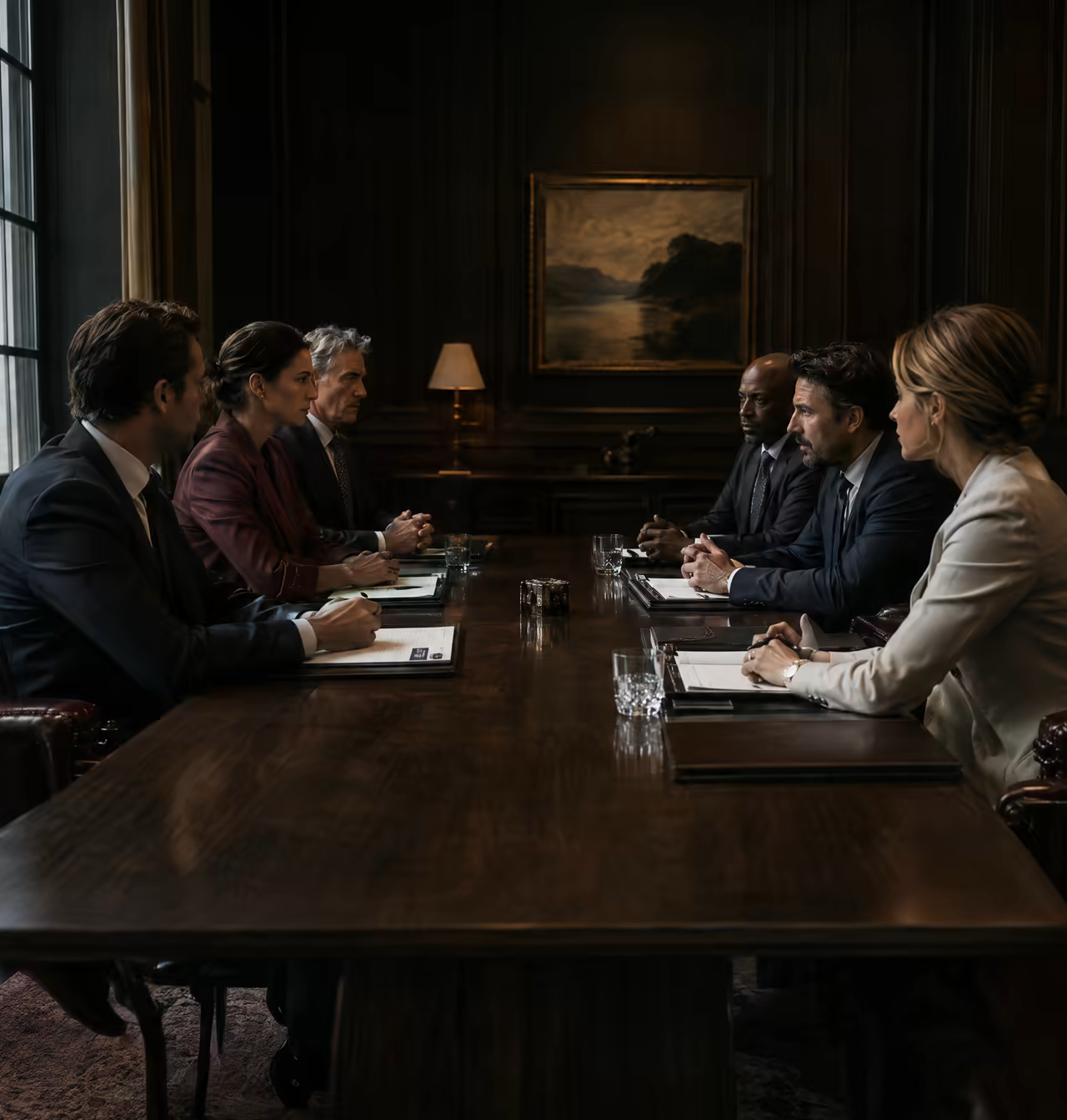 Step 4 Negotiation: two parties across a long table with their lawyers, composed
